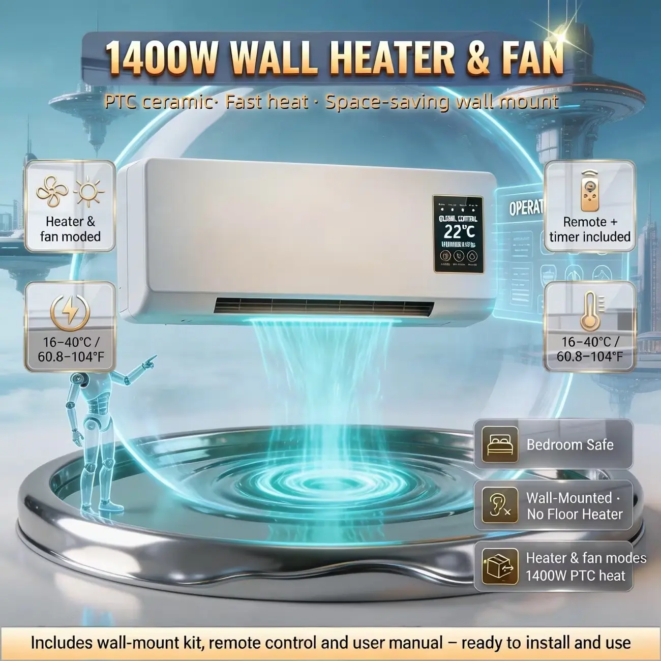 Wall Hung PTC Ceramic Space Heater Fan, 2-in-1 Heating & Natural Wind Dual Mode, 1400W Power All Season Mini Wall Unit, Remote Control, Overheat Protection for Bedroom, Office