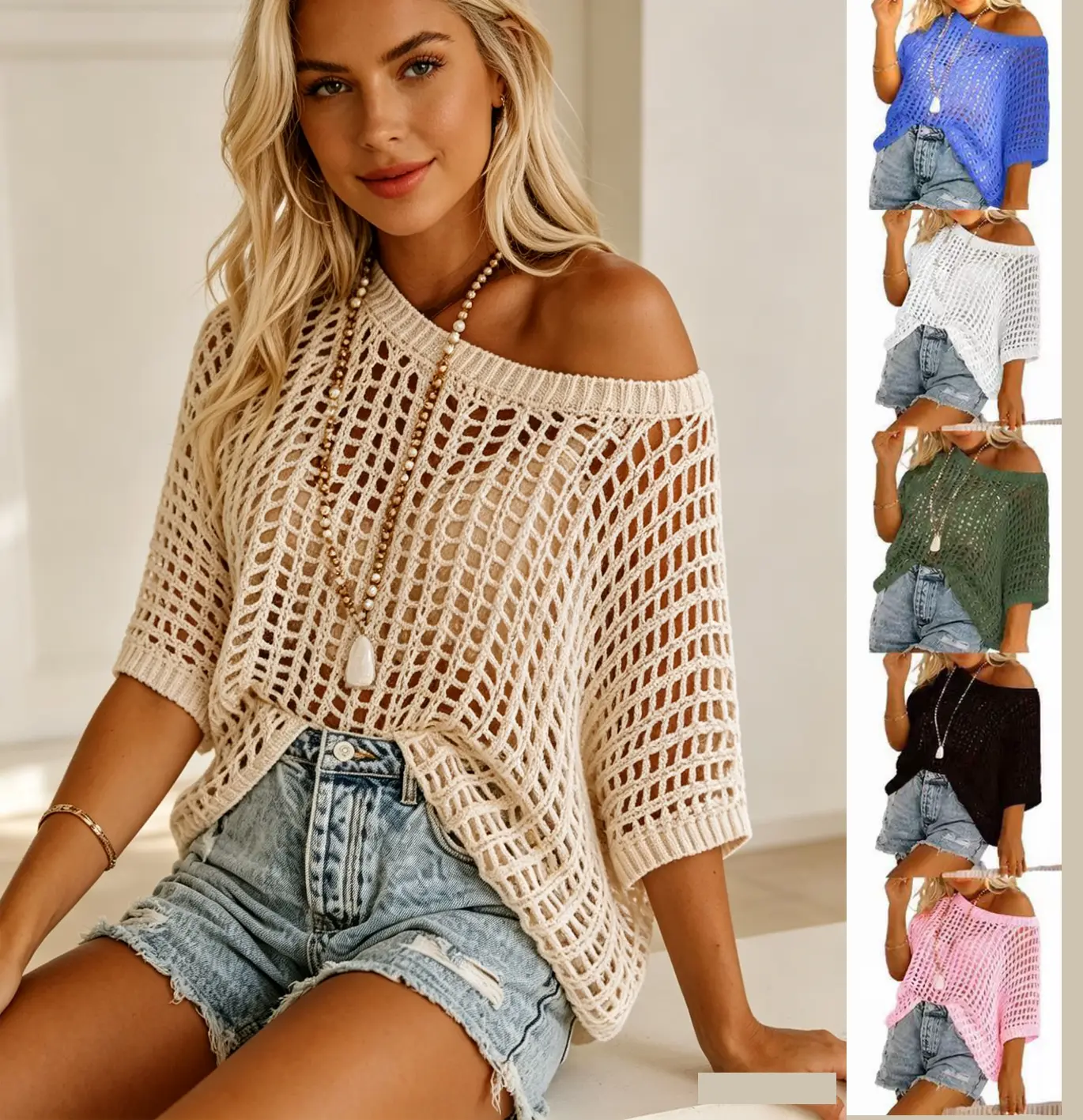Women's 2026 Summer Knitwear - 5-Quarter Sleeve Hollow Detail Pullover, Sexy Look Beach Blouse, Knit Cover Up Women's Pullovers, Aesthetic Casual Top