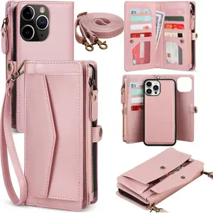 Phone Cases for iPhone 17 Pro Max 16 15 14 13 12 Pro Max Plus Wallet Case for Women, Support Wireless Charging with RFID Blocking Card Holder, PU Leather Wallet Detachable Magnetic Phone Case Crossbody Strap case for iphone 17 Pro Max  Pink