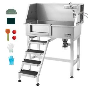 VEVOR 34" Dog Washing Station, Stainless Steel Pet Grooming Tub Bathtub, Professional Dog Wash Sink with Shower, Faucet, Soap Holder, Non-Slip Stairs Easy-Clean Design for Small Pets Cats (Left Door)