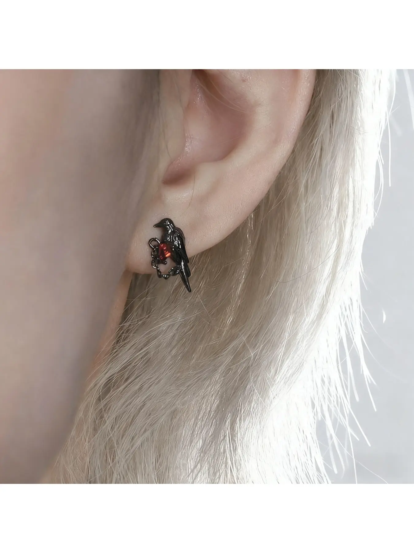 2PC Crow Earrings, Dangle Drop Earrings, Dangling Earrings, inlaid with synthetic red zircon, featuring a dark aesthetic, three-dimensional crow design with chain detail, suitable for gothic style, unique to wear, flai