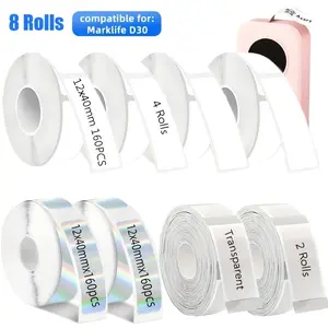 8 rolls of thermal label set (combo) D30 label tape 12*40mm white adhesive label paper, Self adhesive stickers, suitable for P15 D35 label tape 160 pieces/roll gift labels Office Supplies