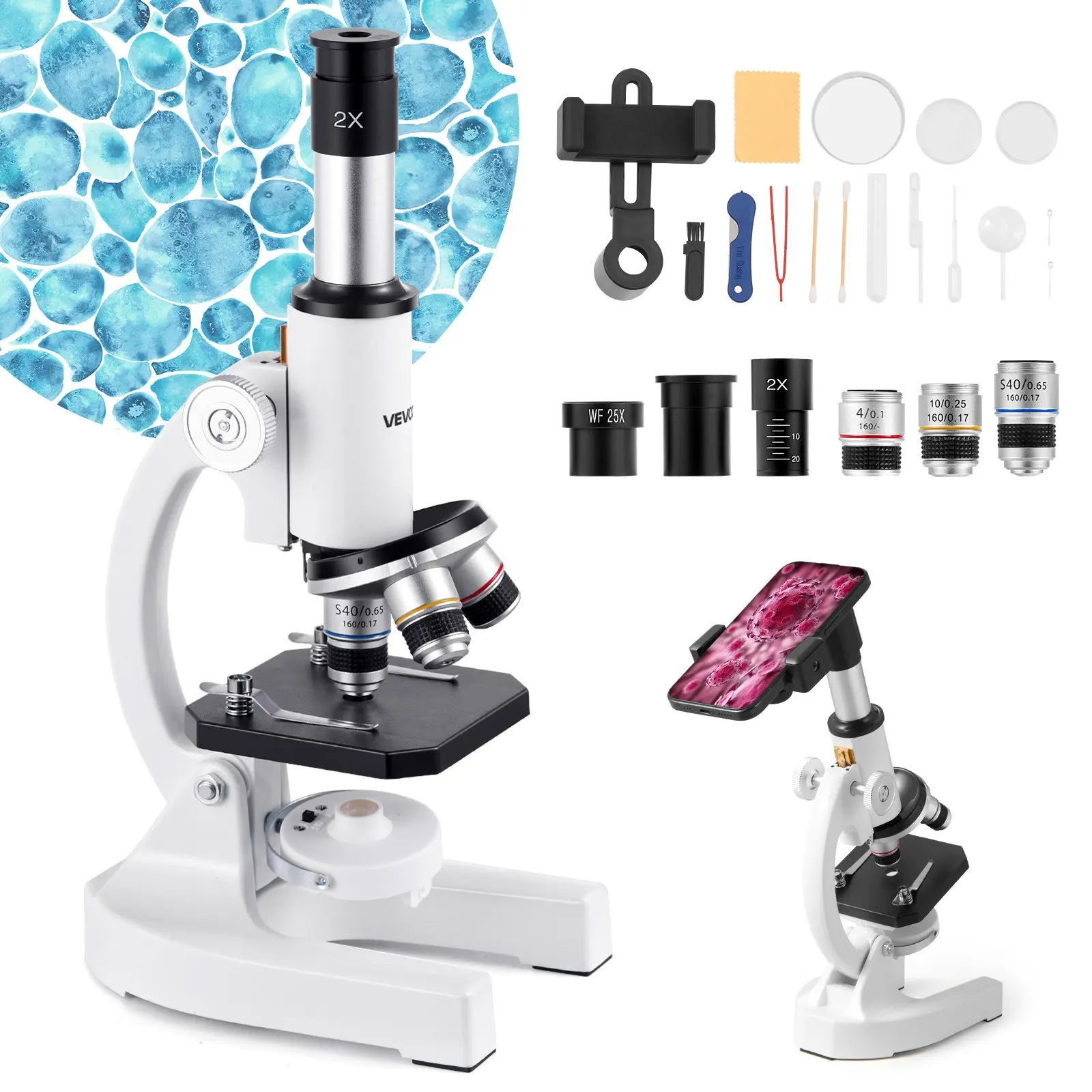 【Summerfinds】VEVOR Professional Monocular Compound Microscope, 40X-2000X Zoom, 10X Magnification, LED Light, Mobile Phone Adapter, Plastic Body, Learning Materials, 110x160x295 mm, for Adults' Home/School Use, Father's Day Gift Tool Kit