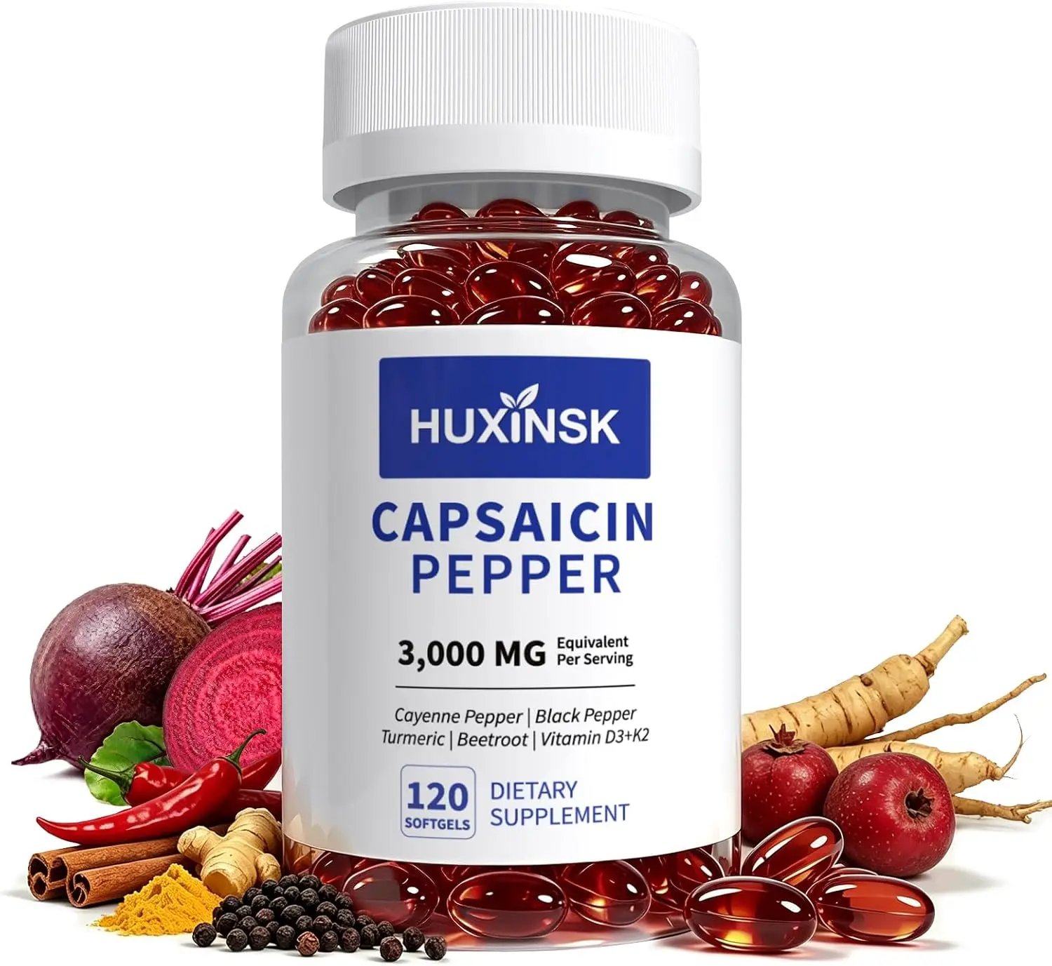 Capsaicin Supplement – Cayenne Pepper Softgels with Vitamin D3 K2, Beetroot & Grape Seed Extract, Digestive Wellness Support, 120 Softgels