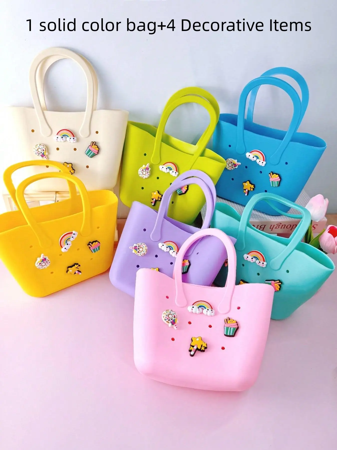 Pure Color Silicone Material Handbag Set with DIY Cartoon Accessories, Beach Bag, Bathroom Storage, Evening Party Bag, Grocery Bag, Fashionable Shopping Bag, Casual Trendy Handbag, casual trendy purses, stylish handbag, Fashionable Bags