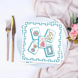 20 Pieces Mahjong Theme Cocktail Party Napkins, Blue Background, Bamboo and Floral Design, Wedding, Birthday, Dessert Decor