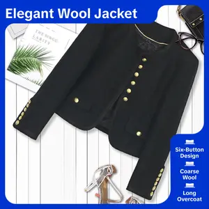 nnc Women's Coarse Wool Tweed Overcoat - 2026 Autumn Winter Elegance, Fitted Longsleeves, 6-Button Round Neck, Plain Black Casual Outerwear