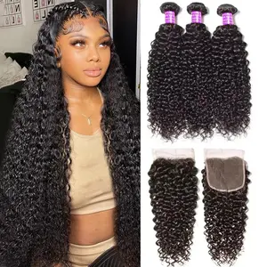 4x4 Lace Closure With Kinky Curly Hair Bundles Natural Color Human Hair Bundles With Closure