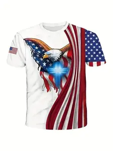 Men's Eagle Pattern 3D Print Patriotic American Flag T-Shirt, Casual Short Sleeve Top, Gym Workout Shirt, Outdoor Training, All Seasons, Sports Wear