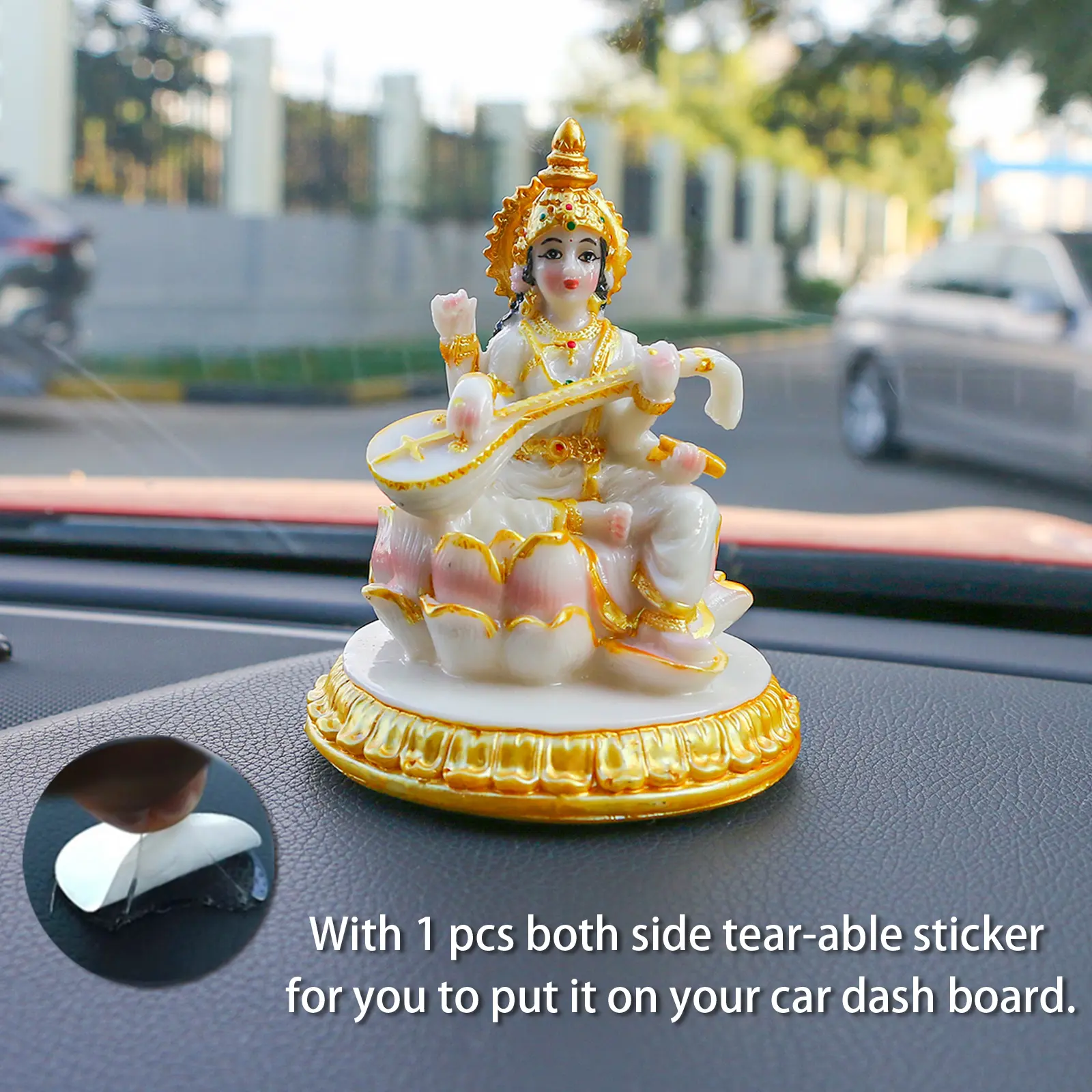 alikiki Small Hindu Goddess Saraswati Statue - 3.9”H Marble Look Saraswati Figurine for Car Dashboard India Idol Statue Home Office Mandir Temple Pooja Item Diwali Puja Gifts