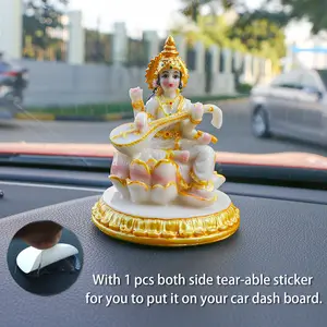 Saraswati Statue for Car Dashboard - Hand-Painted 3.9”H Polystone Marble Color Hindu Goddess Lord Saraswati Idol for Car Decor Ideal Birthday Diwali Wedding Gift for Indian Friend