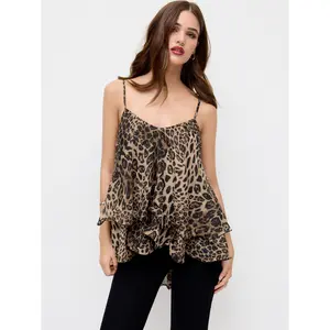 Cider Chiffon Leopard Print V-neck Ruffle Hem knotted Layered Cami Top SwimWeek