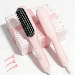 Anti-Scald Hair Straightening Brush - 60s Fast Heating, 5 Temperature Settings, Worldwide Dual Voltage, Auto Shut Off - Professional Pink Straightener Brush for Women, Ideal Gift