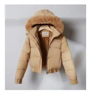 Women's Zip Up Pocket Design Shirred Waist Jacket Fuzzy Trim Fleece Lined Hooded Puffer Coat Windproof Jackets