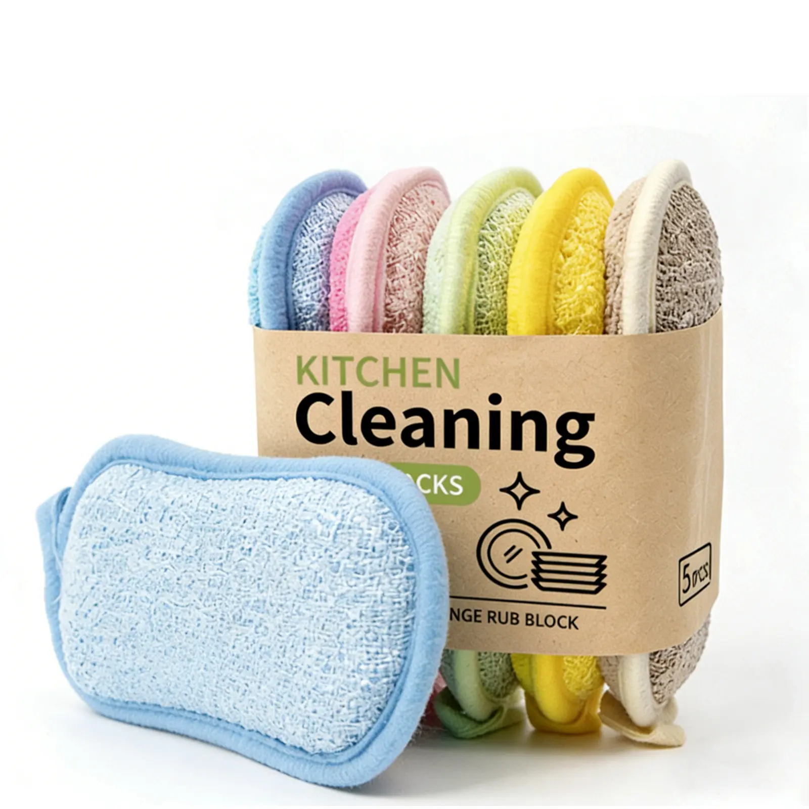 Kitchen Cleaning Sponges 5 Pack, Double Sided Non Scratch Scrub Sponges, Ultra Fine Fiber & Stainless Steel Wire, Super Thick Compressed Dish Sponges with Hanging Rope, Multi-color with zoned use: ideal for kitchen, sinks, pots, and pans.