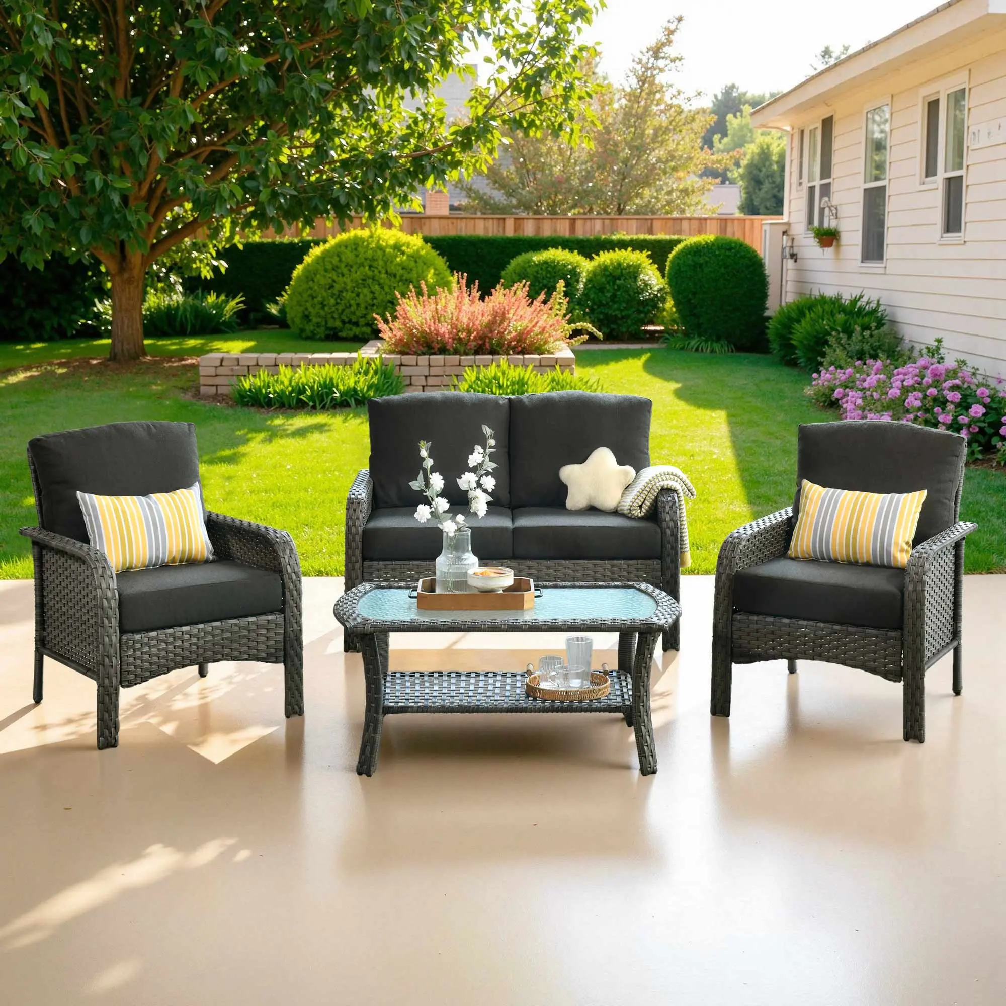 ALLWEX 4-Piece Outdoor Wicker Rattan Conversation Set - Loveseat, 2 Single Chairs, Tempered Glass Top Coffee Table for Garden, Backyard, Patio, Porch & Deck