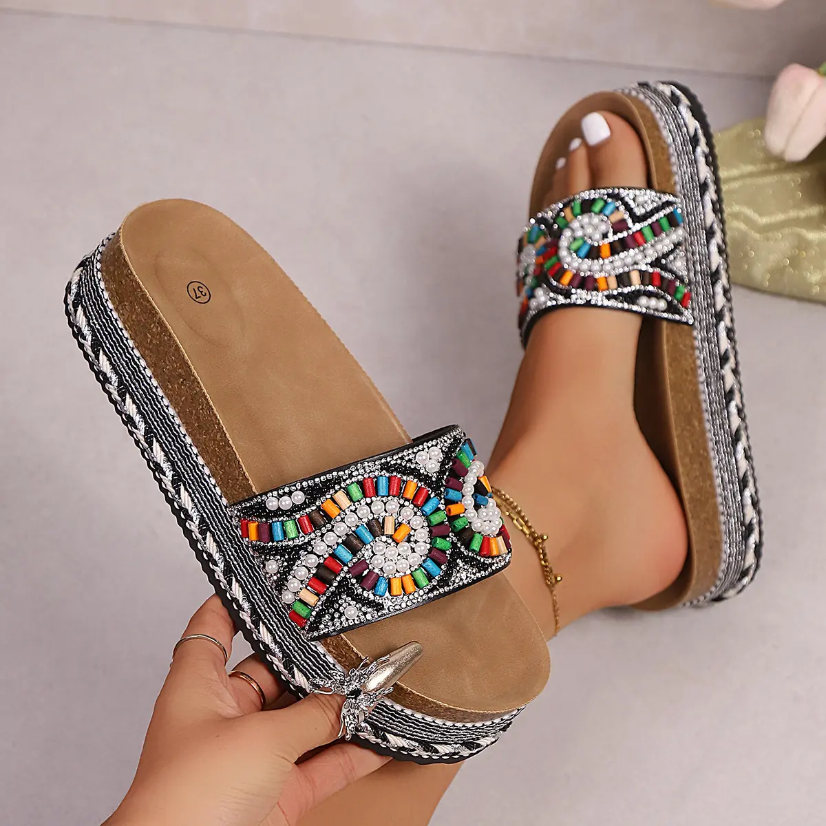 Women's Elegant Pearl-Embellished Cork Wedge Platform Sandals - Soft Sole, Ethnic Style, Large Size Walking Shoes for Summer Beach Outdoor Use tiktokshopbacktoschool