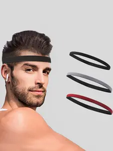 3pcs Men's Summer 2024 Simple Plain Silicone Non-slip Elastic Sports Sweat Wicking Headband, Simple High Stretch Sporty Hair Band for Outdoor