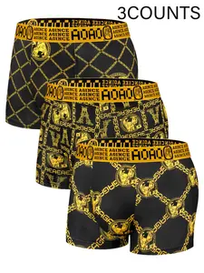 3pcs black gold chain printed men's underwear, light and thin, comfortable, breathable, elastic waistband men's flat bottom pants, Stretchy boxer pants, Boxers Briefs, Suitable for Four Seasons home leisure