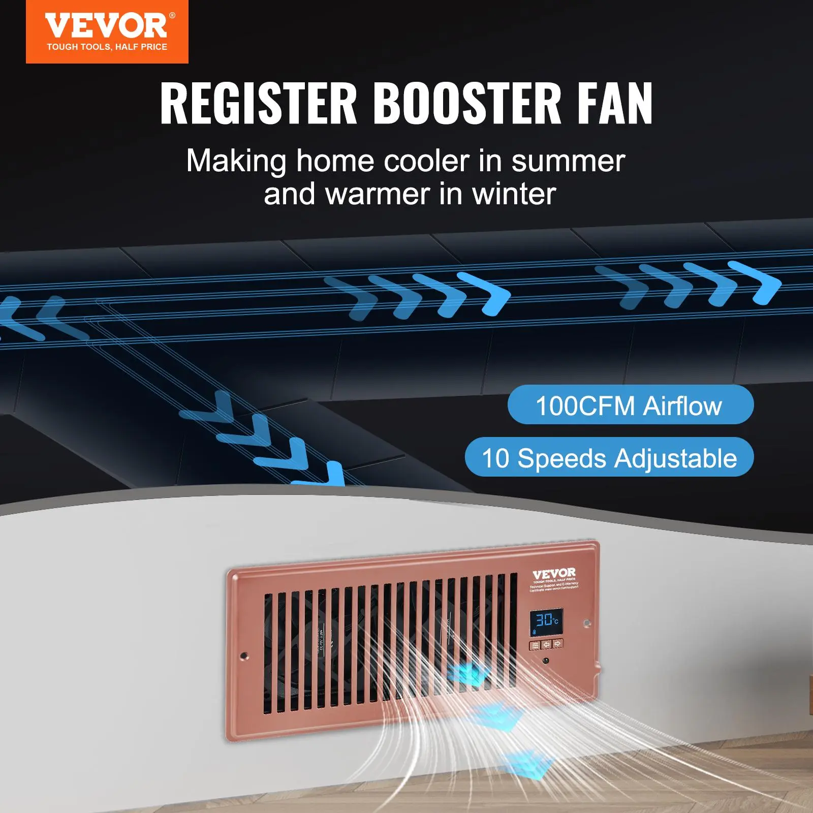 【Summerfinds】VEVOR Household Ventilation Fan Booster, Quiet 4" x 10" Register Fan with Aluminum Frame, Remote Power & Thermostat Control, Adjustable Speed for HVAC Users' Heating & Cooling, Brown