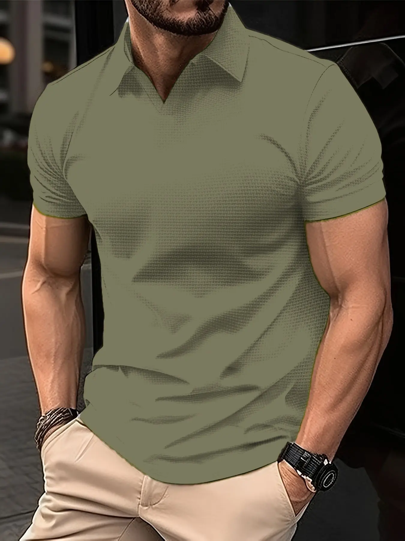 Men's versatile summer polo with a collar, short sleeves, made of waffle fabric, breathable, fits snugly without being stuffy. It looks great with any kind of pants and is suitable for casual wear, commuting, and dates.