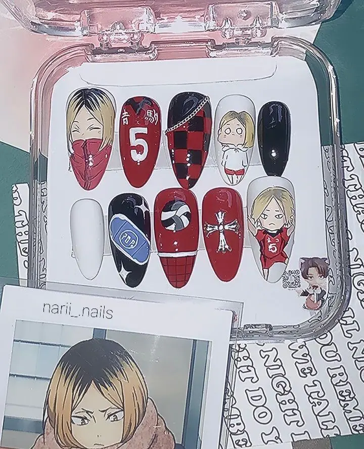 Kenma Kozume Haikyuu Press On Nails, Nekoma High Red Black Anime Nail Art, Hand Painted Character Nails, Handmade Reusable Fake Nails | Gift Set (Adhesive Tabs, Nail File, Cuticle Stick)