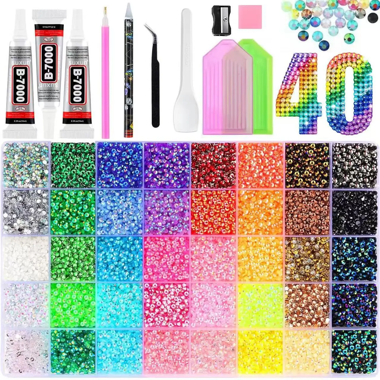 32000Pcs 40Colors 3mm Jelly Flatback Rhinestones Bedazzling Kit with Nail Art, Shoes & DlY Diamond Art, DIY Craft Set for Nail Art & Shoes, Ultimate Creative Gift, Inlcuding 3 Packs 10ml Glue & Tools