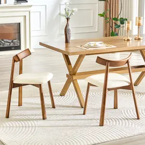 2 walnut colored solid wood dining chairs, with white PU soft cushions and curved backrests that fit the curves of the back, suitable for home dining