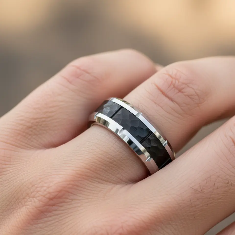 Black Hammered Tungsten Ring, Men's Tungsten Ring, Silver Tungsten Wedding Band Man, Man's Wedding Ring, Promise Ring, Anniversary Ring for Him