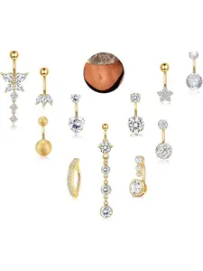 11Pcs Gold Belly Button Ring - Surgical Stainless Steel 14G Navel Belly Button Piercing Jewelry Hypoallergenic Dangle Belly Rings for Women Silver/Gold Rhinestone Belly Ring