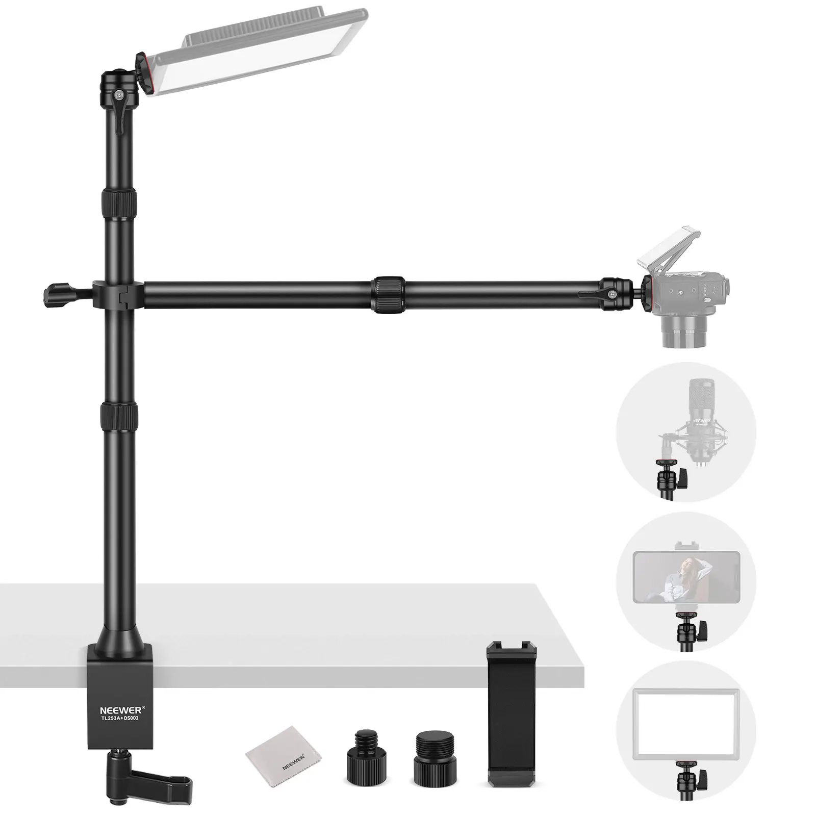 NEEWER Desk Camera Mount Stand & Overhead Extension Arm Fit, Adjustable Tabletop Clamp Light Stand with Ball Head & Phone Holder for Live Streaming, Overhead Video, Photography, Microphone, Light