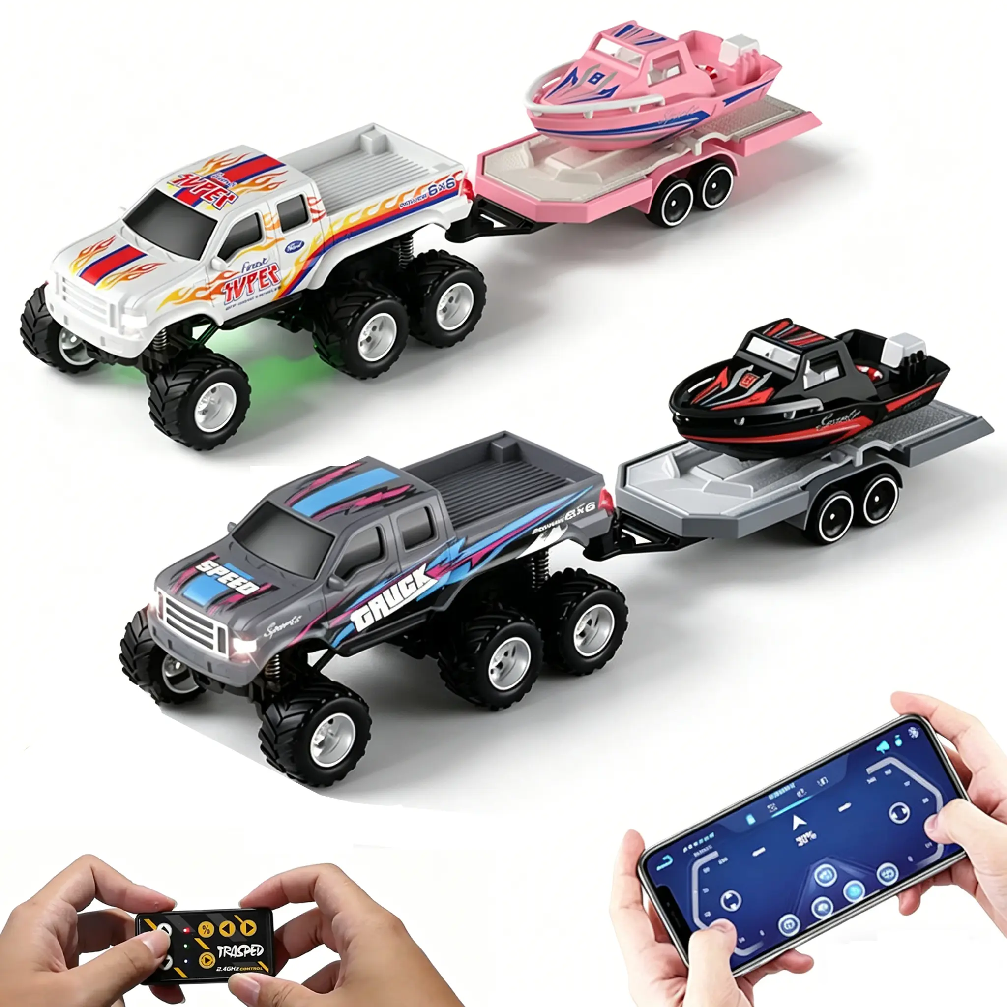 1/64 Mini Remote Control Car with Trailer, 2.4Ghz & APP Remote Control, Rechargeable Alloy Shell Mini Off Road Pickup Cars with Lights, Speed/Steering Adjustable, Christmas Birthday Gifts for Boys