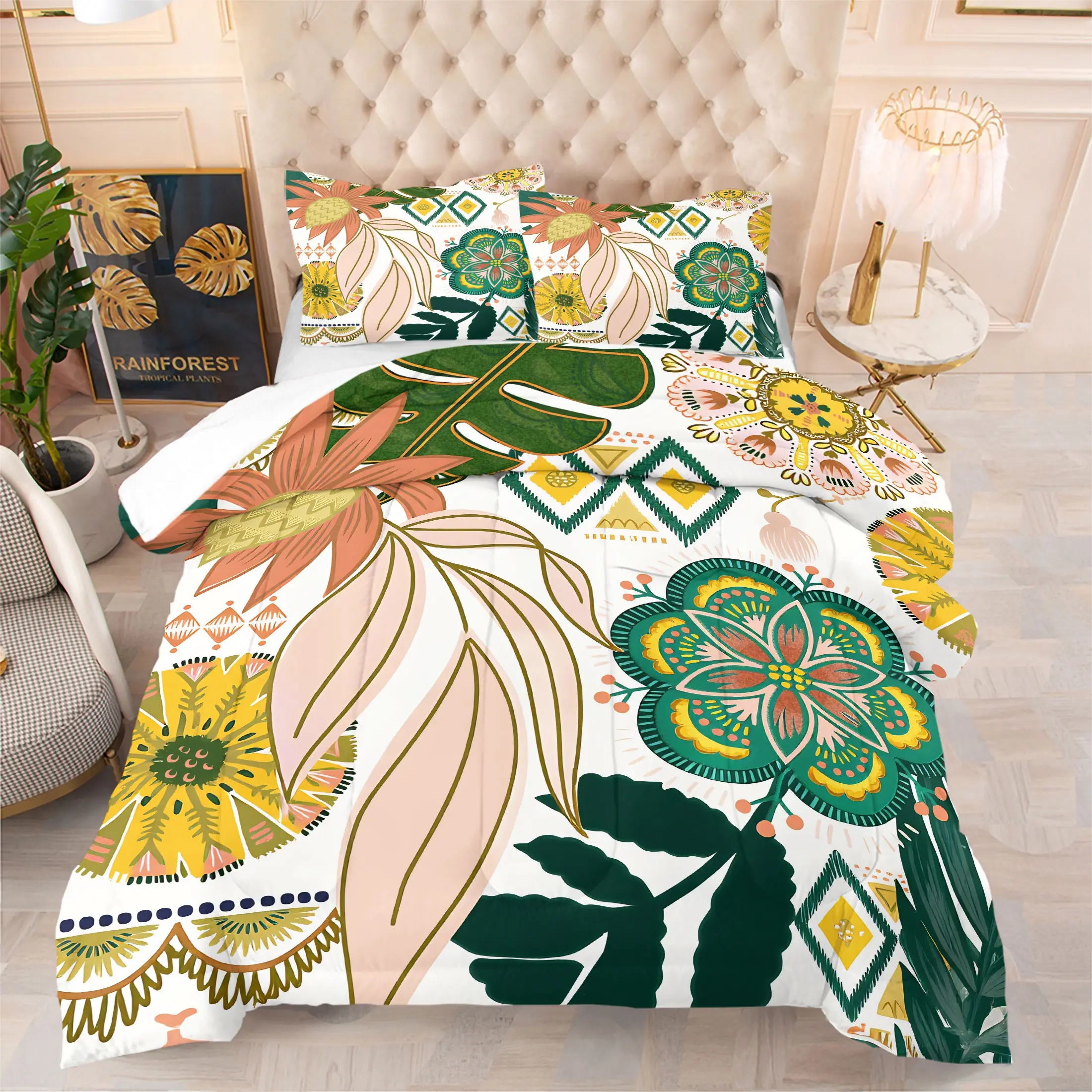 Vintage Boho Botanical Comforter Set,Includes 1 Comforter & 1-2 Pillowcases,Tropical Plant & Ethnic Geometric Accent Bedding Set,Boho Quilt Set, Decorative Bedding Set,Soft Breathable All Season Bedding for Home Decor,Gift for Plant & Boho Lovers