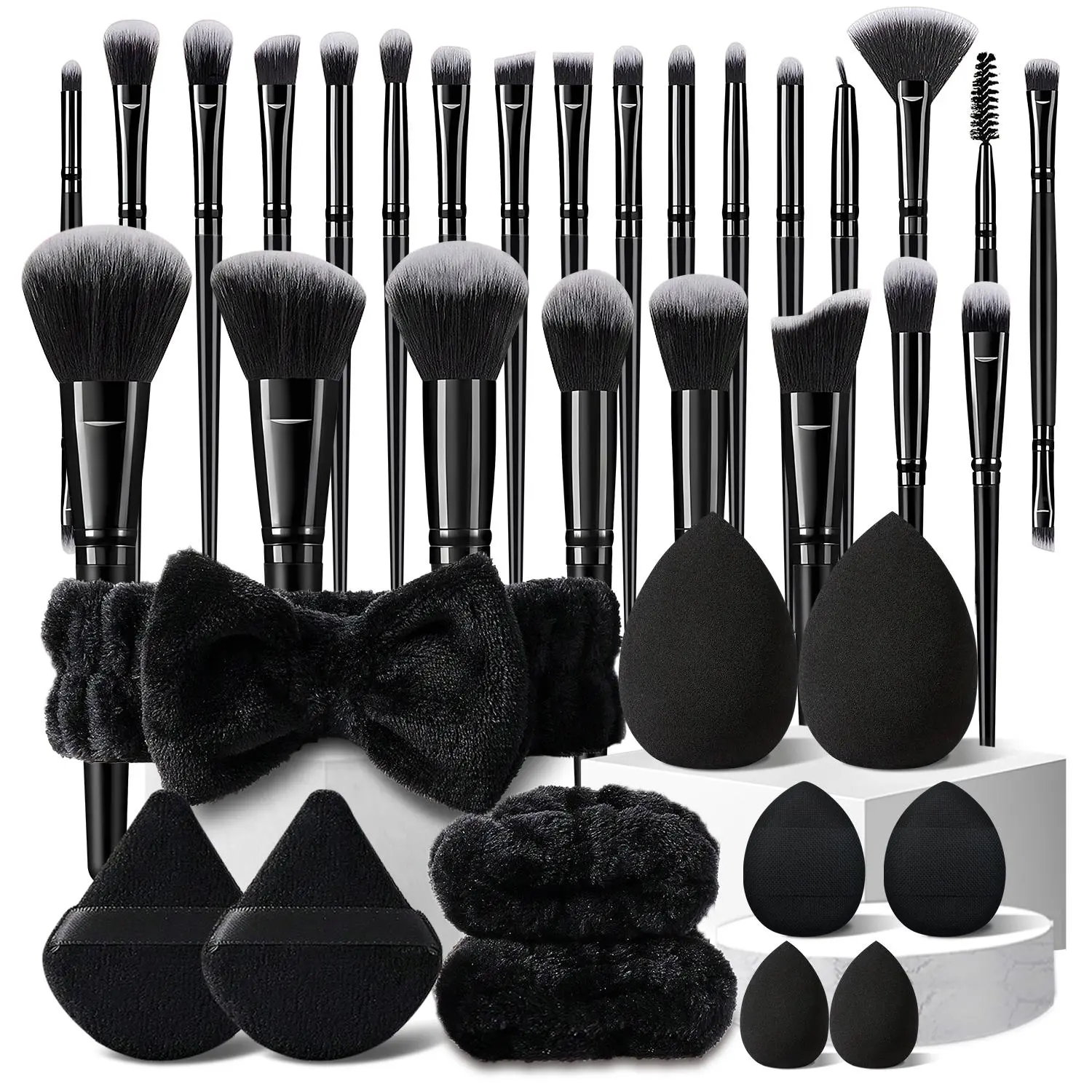 Luxury 36-Piece Brush Kit - Beauty Tools Set, Makeup Brushes, Sponges, Triangle Puffs, Headband & Wristbands