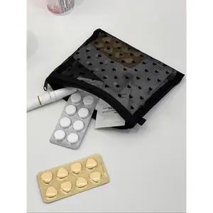 New Mini Heart Mesh Makeup Bag, Portable Makeup Organizer Pouch, Multi-Functional Semi-Sheer Cosmetic Bag, Casual Style Bag for All Seasons