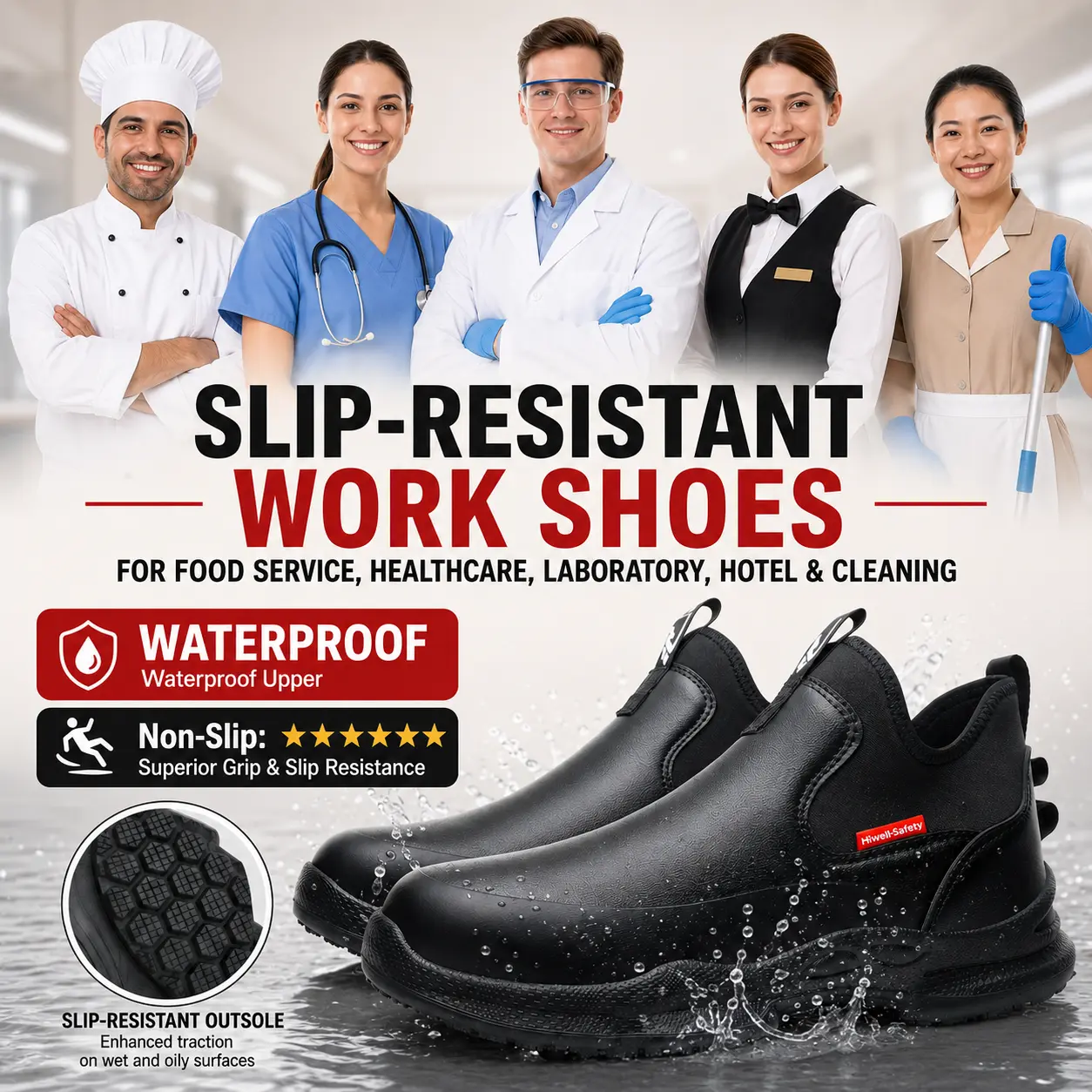 HIWELL Non Slip Work Shoes for Men and Women, chef shoes,Slip-Resistant Oil-Resistant Easy-On Footwear for Restaurant, Kitchen, Food Service, Nursing and Healthcare, Black