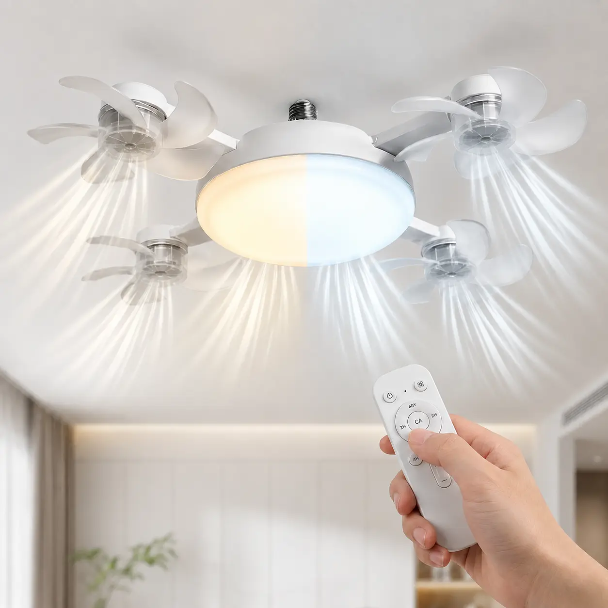 E26/E27 Socket Ceiling Fan with LED Light and Remote, Screw-In Light Bulb Fan with Multiple Speeds, 2H/4H Timer, Space-Saving Fan Light for Bedroom, Garage and Kitchen