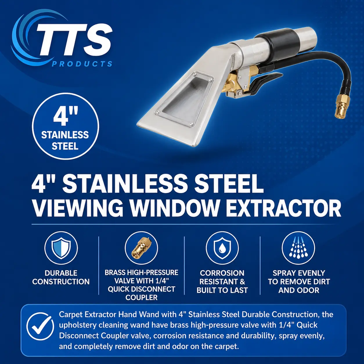 Extractor Hand Tool with Viewing Window, Closed Spray Upholstery Carpet Cleaning, Upholstery and Auto Detailing Hand Wand, Upholstery Cleaner and Carpet Extractor, 4-inch