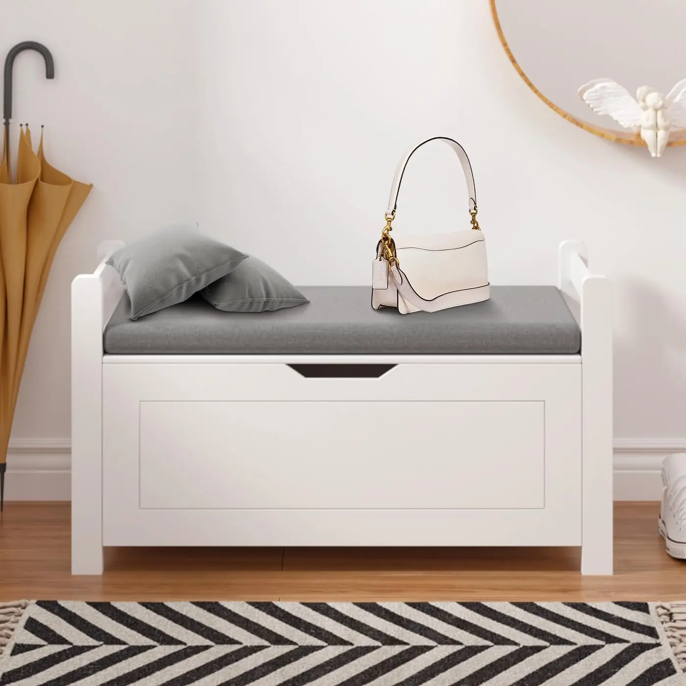 Classic Wooden Storage Chest Footstool with Cushion Seat - 2 Safety Hinges, Side Handles, Spacious Compartment, Entryway Shoe Holder for Living Room, Bedroom, White, Footstool With Storage
