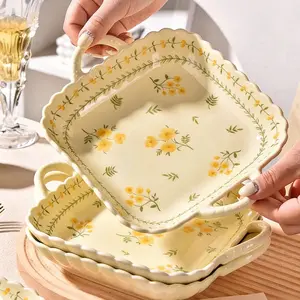 4 pieces of 9.25 double-sided ceramic tableware with yellow flower pattern and warm yellow color scheme. The double-sided handle design is heat-resistant, suitable for spring, parties and other places. Microwave safe and can be used in dishwashers