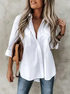 Plus Size Plain Button Front Neckline Collared Shirt with Pockets and High Low Hem, Casual Fitted Drop-Shoulder Roll-Up Sleeve Shirt for Summer, Women's Clothes for Everyday Wear, Top, Blouse, Womenswear