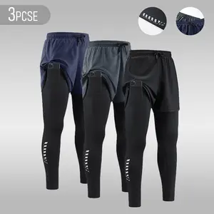 Men's 2-In-1 Athletic Leggings - Polyester Blend, Quick-Dry, Elastic Waistband, Snug Fit, Built-In Phone Pocket, Towel Loop, All-Season Fabric, Multi-Size, Ideal for Outdoor Running, Gym Workouts, Exercise Running Leggings
