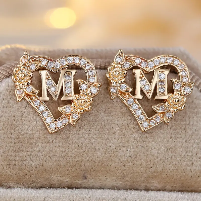 Mother's Day Gift Fashion Hollow Out Heart Shaped Design Stud Earrings, Artificial Zircon Decor Letter Design Earrings for Women, Elegant All-match for Daily, Dainty Fashion Jewelry, Trendy Jewelry, Studs Earrings