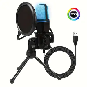 USB Microphone Condenser Microphone RGB Colorful Game Desktop Microphone with Shock Holder Spray Proof Net Suitable for Live Singing Recording Podcast Laptop Desktop Computer