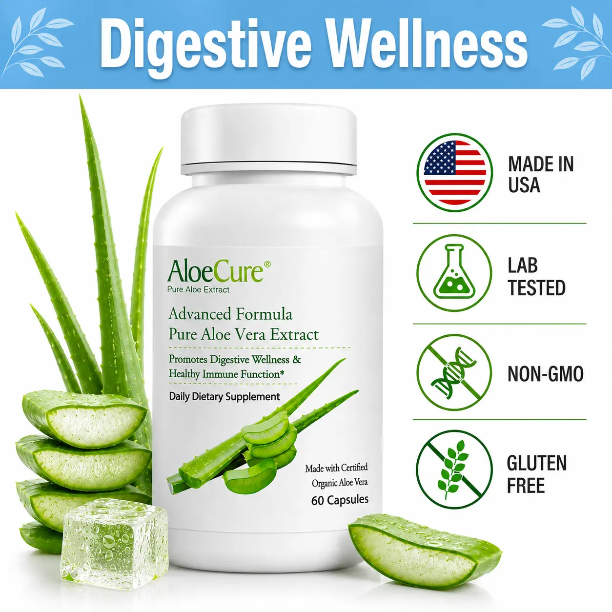 AloeCure Advanced Formula Aloe Vera Capsules 60 Capsules - 160,000mg Organic Aloe Vera Equivalent, Supports Digestive Wellness & Gut Health - Edible