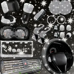 Bling Car Accessories 27-Piece Silvery Glam Kit with 15" Universal Glitter Steering Wheel Cover Glitter License Plate Frame Cell Phone Holder & Coasters for Women Complete Glam Upgrade