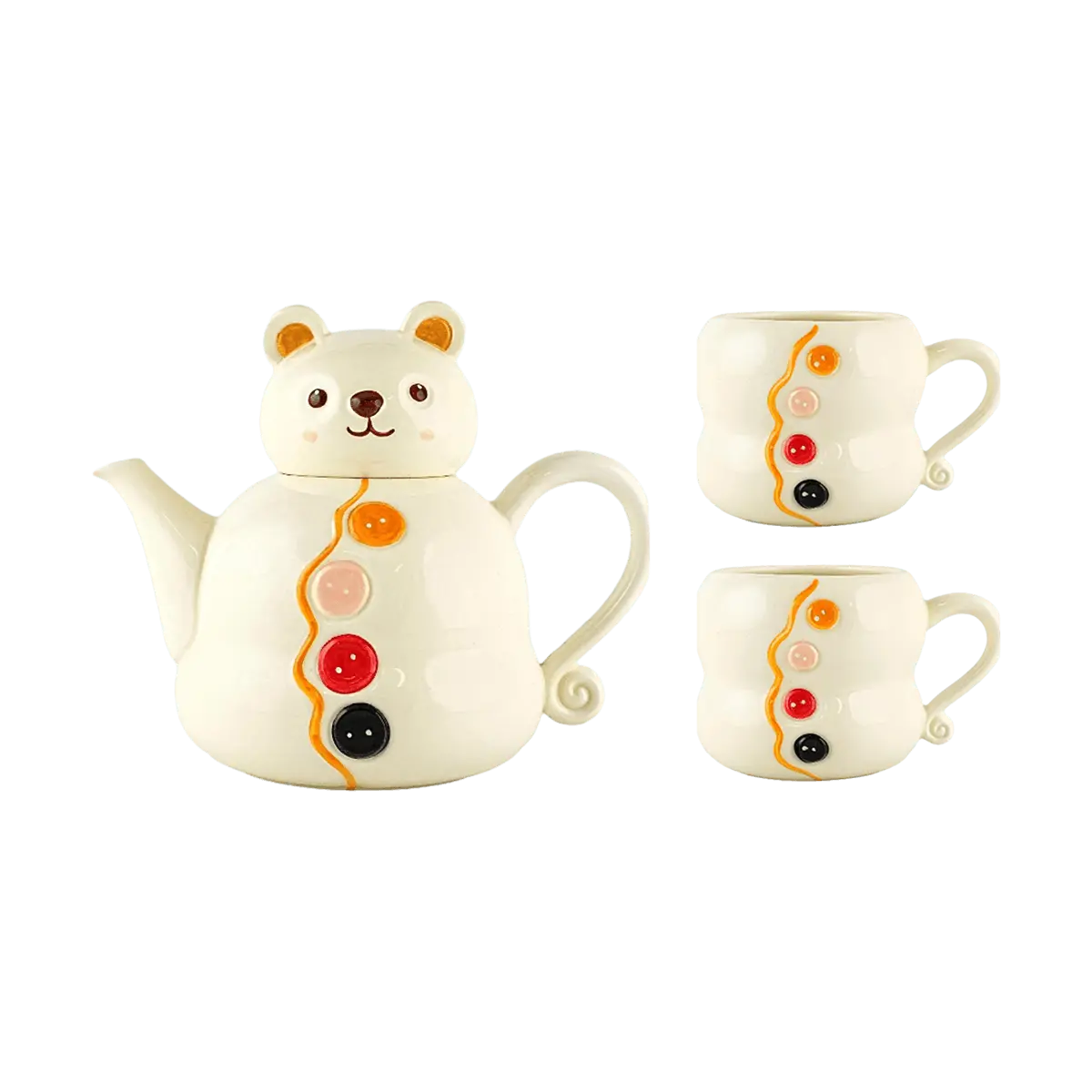 GLAZE STORY Button Bear Ceramic Teapot Set with 2 Mugs - Afternoon Tea Set for 2, Cute Bear Design