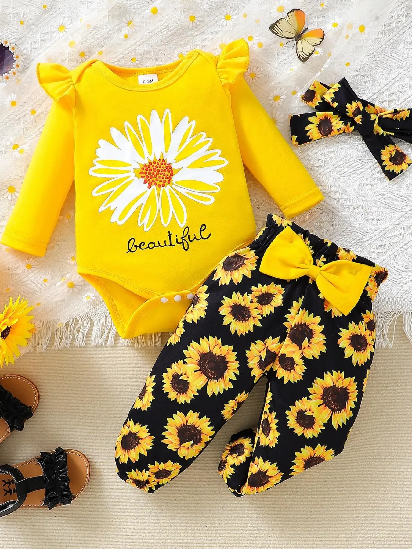 Three-piece Set Infant Toddler Girl's Daisy Print Bodysuit & Pants & Bow Decor Headband Set, Cute Casual Long Sleeve Bodysuit & Trousers & Hair Band for Spring & Fall, Kids Clothes for Daily Wear