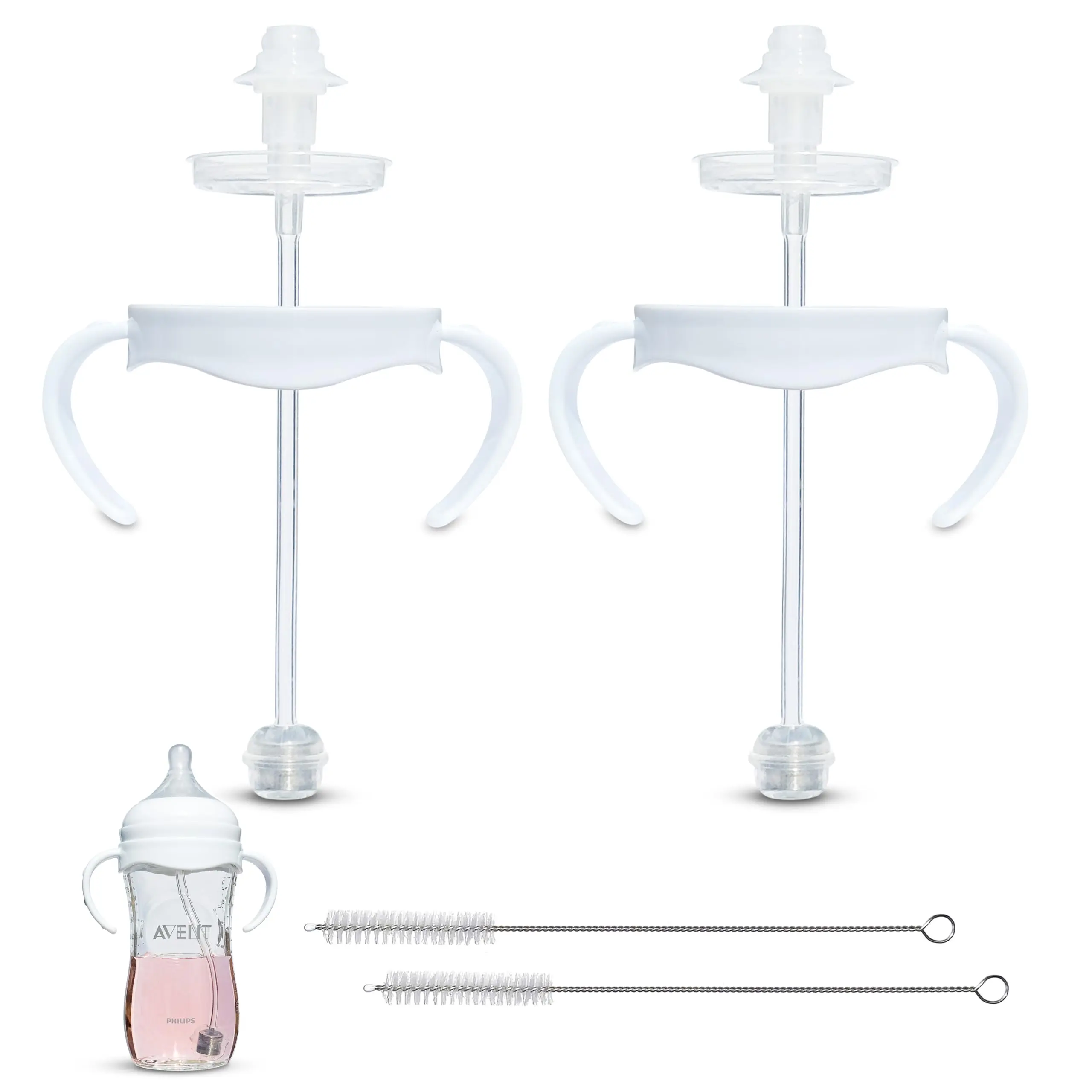 Self-feeding Kit For Avent Glass Bottles 2-count  Weighted Straw Attachment Response Nipples With Bottle Handles And Cleaning Brush 4+ Months (for Bottles)