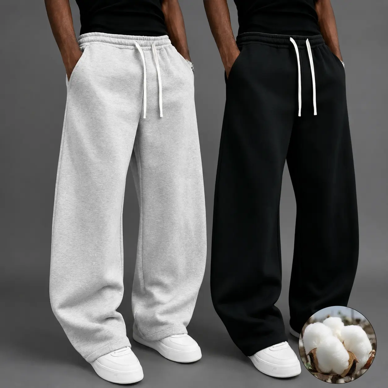 Men's Premium Cotton Baggy Sweats - Menswear Wide-Leg Curved Seam Paneling Drawstring Athleisure Style Pants, Preppy Casual Lounge Trousers, Street Wear Soft Cozy Fleece Bottoms for Daily Outfits everyday, Baggy Sweatpants, Men's Pants, Wide-Leg Pants